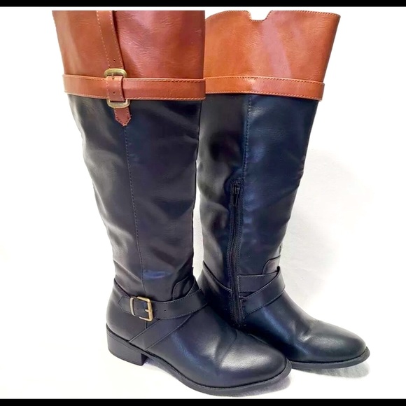 Women’s Rampage riding boots Size 6 1/2  Black boots with brown strip at top. - Picture 1 of 10